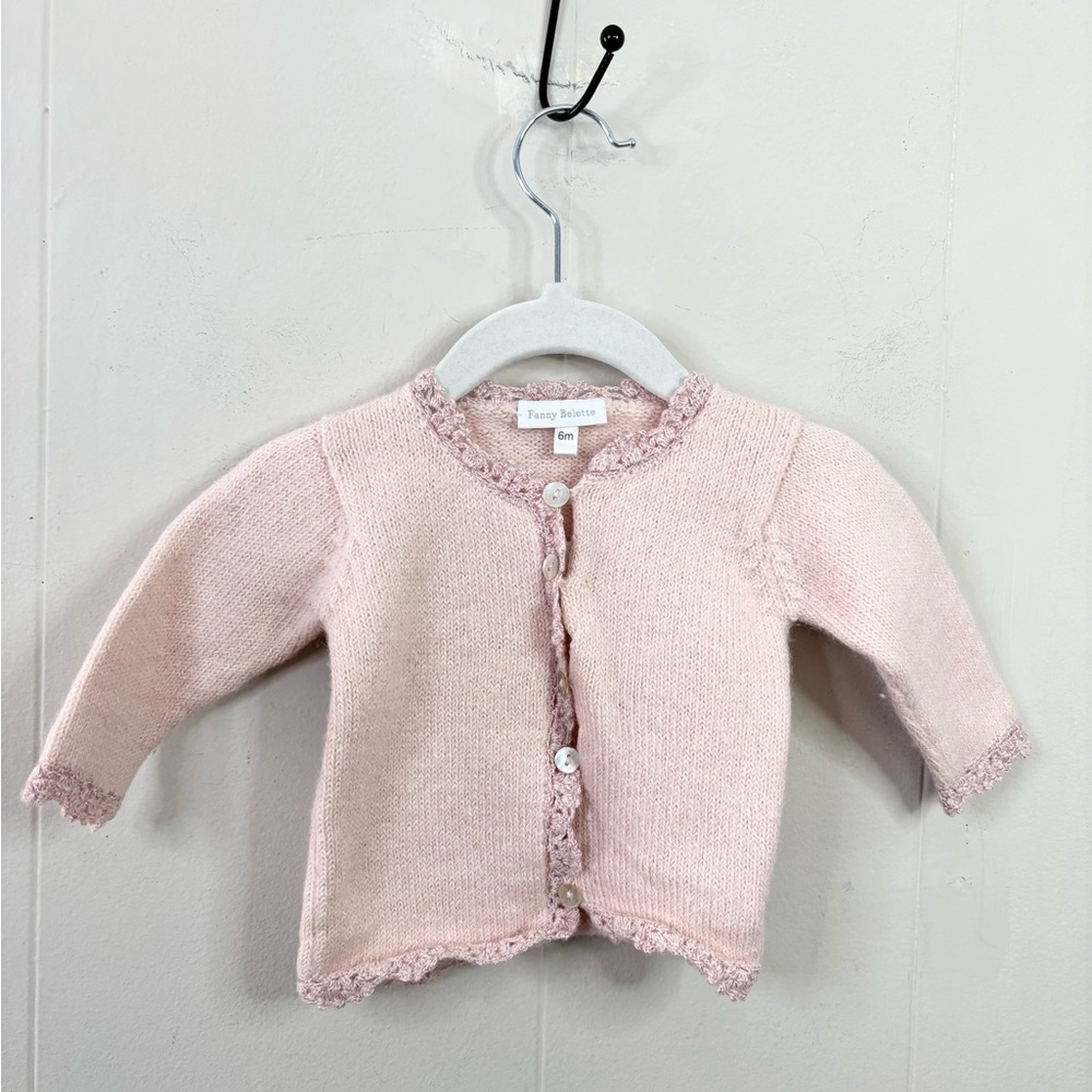 Fanny Belette pale pink infant girls baby cardigan sweater lace trim dainty 6 mo